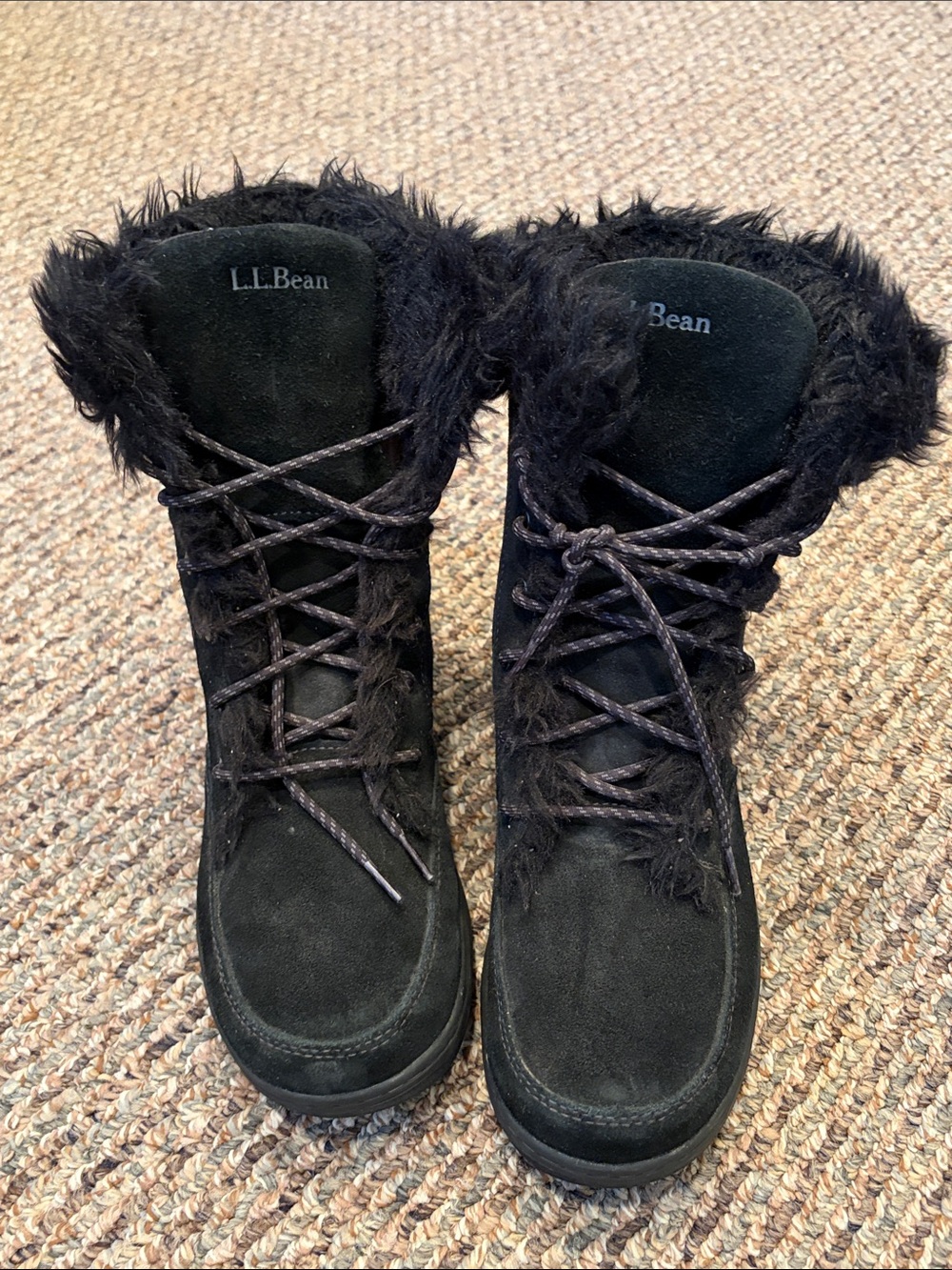 L.L. Bean Black Suede Faux-Fur Lace-Up Winter Boots